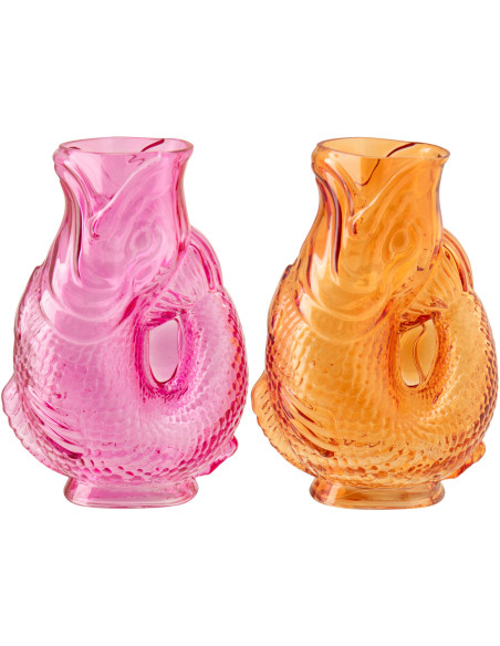 Lot de 2 Vases originaux Poissons H 24 cm Verre Rose Orange Oceanio 