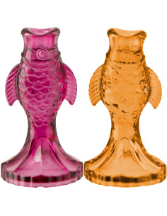 Lot de 2 Bougeoirs originaux Poissons H 17 cm Verre Rose Orange Oceanio 