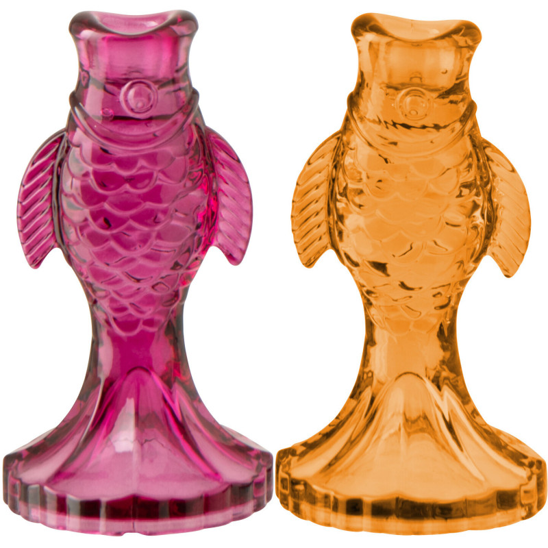 Lot de 2 Bougeoirs originaux Poissons H 17 cm Verre Rose Orange Oceanio 