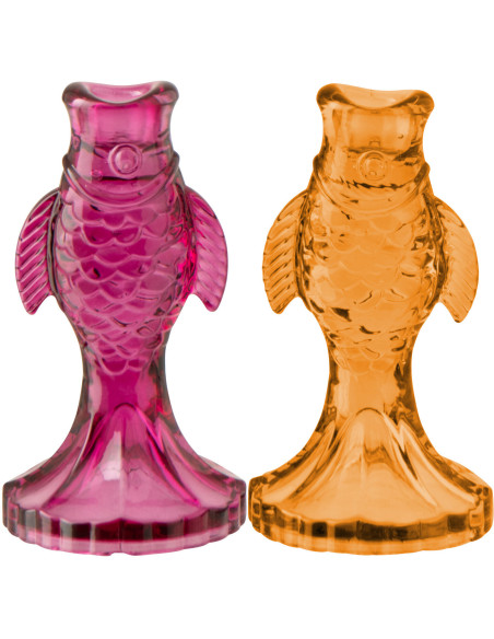 Lot de 2 Bougeoirs originaux Poissons H 17 cm Verre Rose Orange Oceanio 