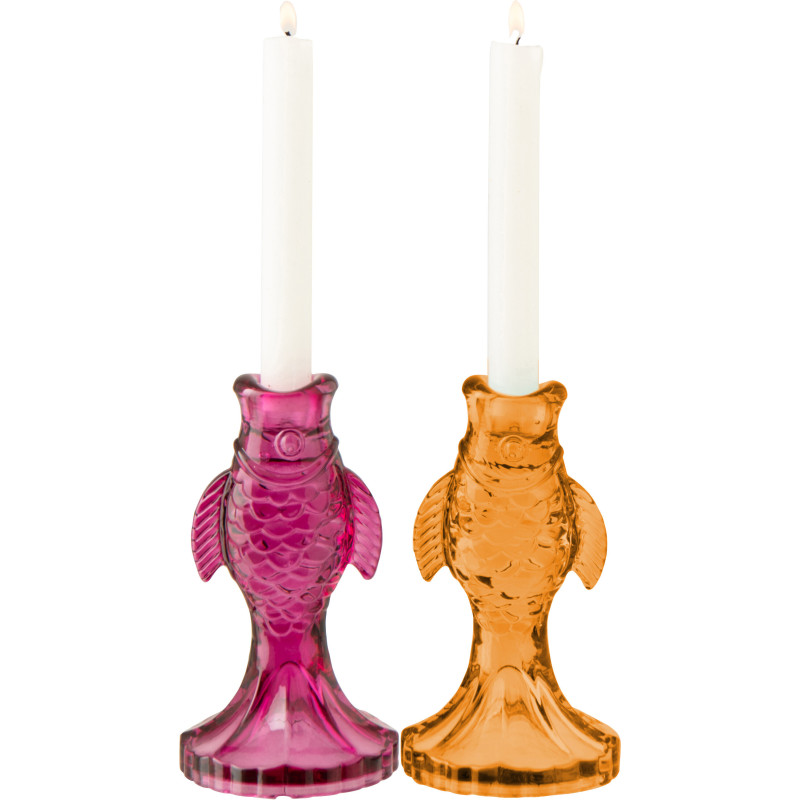 Lot de 2 Bougeoirs originaux Poissons H 17 cm Verre Rose Orange Oceanio 