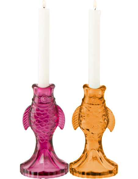 Lot de 2 Bougeoirs originaux Poissons H 17 cm Verre Rose Orange Oceanio 