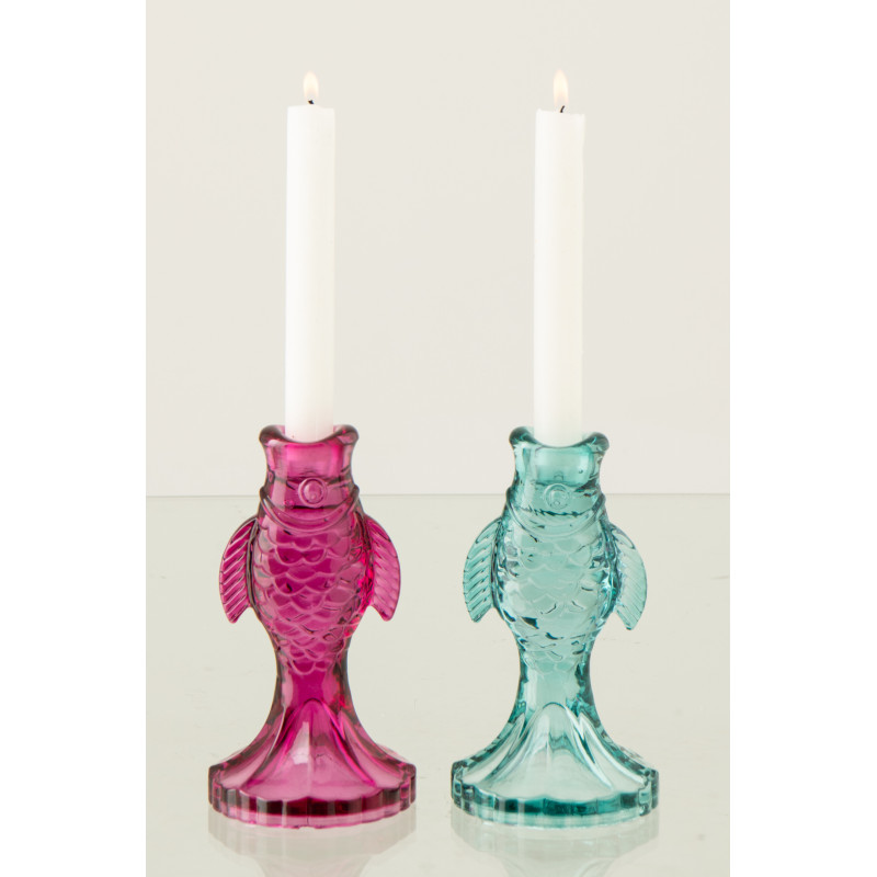Lot de 2 Bougeoirs originaux Poissons H 17 cm Verre Rose Orange Oceanio 