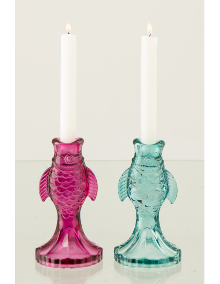 Lot de 2 Bougeoirs originaux Poissons H 17 cm Verre Rose Orange Oceanio 
