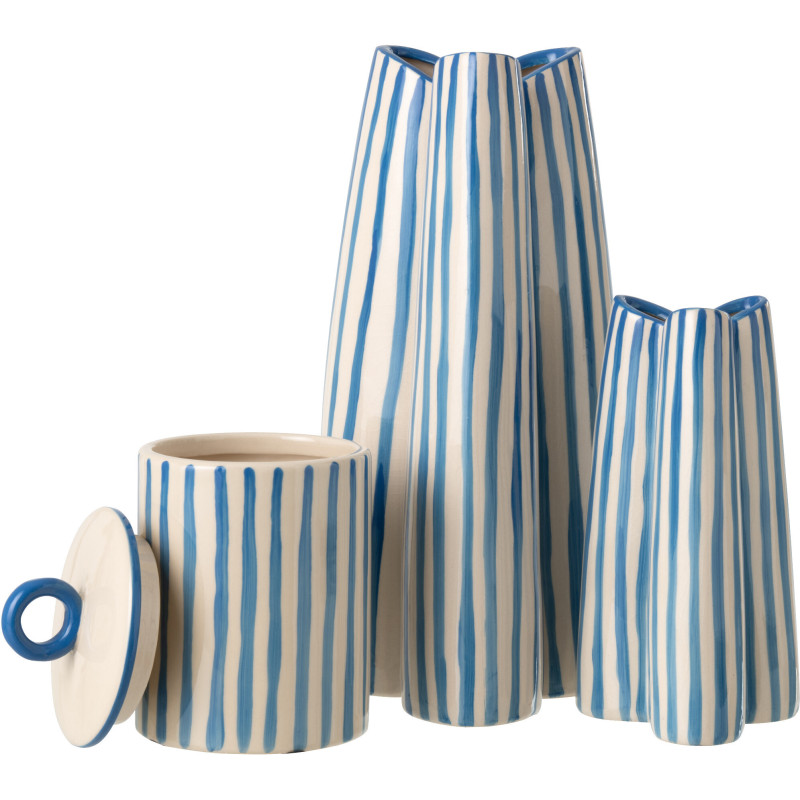Vase style riviera Tripode H 37 cm Céramique Bleu Blanc crème Motif rayures Portofino 