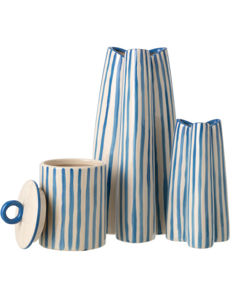 Vase style riviera Tripode H 37 cm Céramique Bleu Blanc crème Motif rayures Portofino 