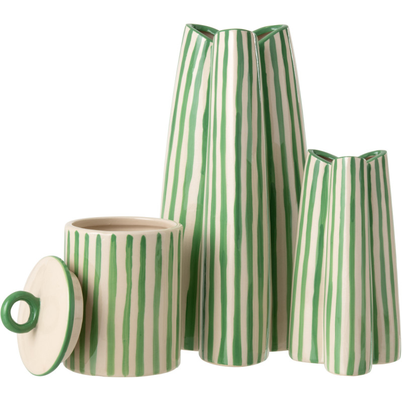 Vase style riviera Tripode H 37 cm Céramique Vert Blanc crème Motif rayures Portofino 