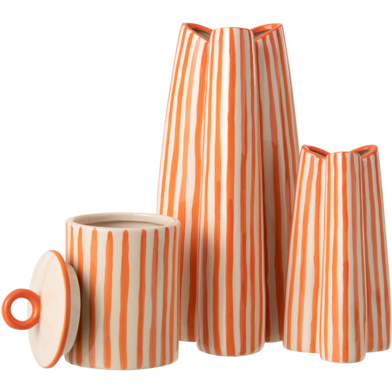 Vase style riviera Tripode H 37 cm Céramique Orange Blanc crème Motif rayures Portofino 