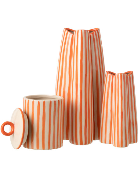 Vase style riviera Tripode H 37 cm Céramique Orange Blanc crème Motif rayures Portofino 