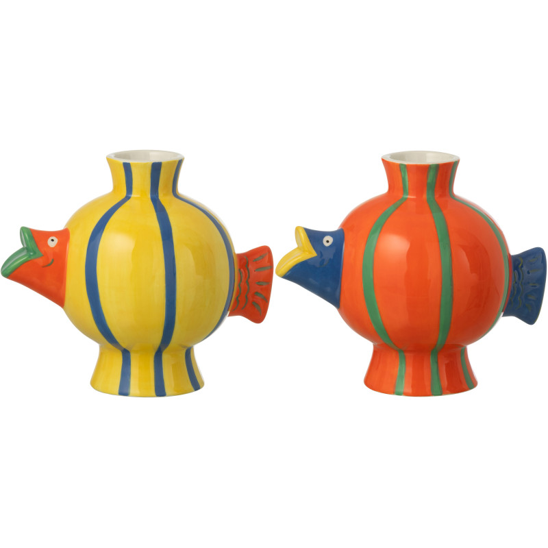 Lot de 2 Vases design pop tropical Poissons Boule H 17 cm Dolomite Multicolore Motif rayures Cariba 