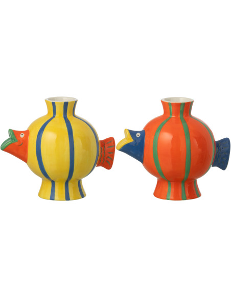Lot de 2 Vases design pop tropical Poissons Boule H 17 cm Dolomite Multicolore Motif rayures Cariba 