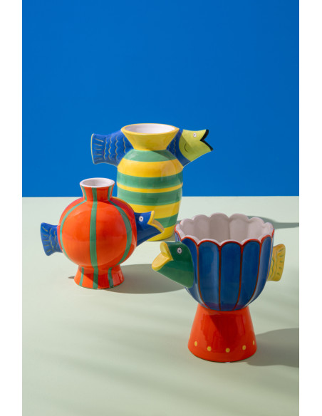 Lot de 2 Vases design pop tropical Poissons Boule H 17 cm Dolomite Multicolore Motif rayures Cariba 