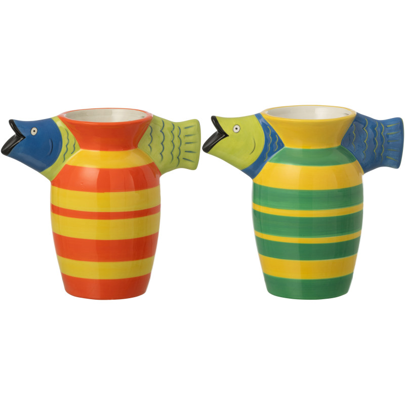 Lot de 2 Vases design pop tropical Poissons H 20 cm Dolomite Multicolore Motif rayures Cariba 