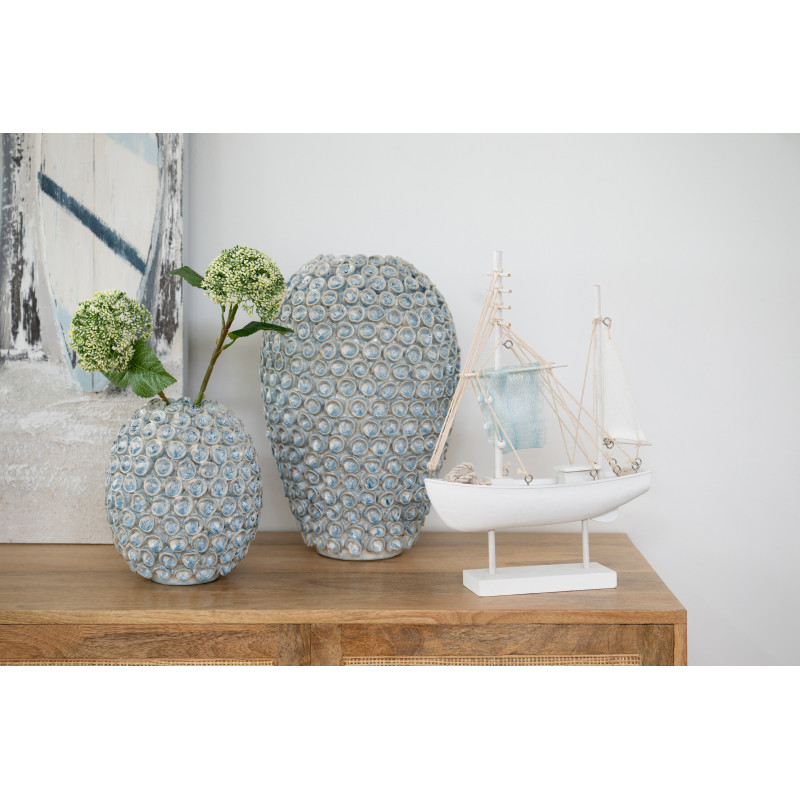 Vase Bord de mer Coquillages Ovale H 39 cm Argile Bleu clair Blanc Milan 