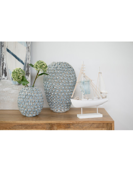 Vase Bord de mer Coquillages Boule H 22 cm Argile Bleu clair Blanc Milan 