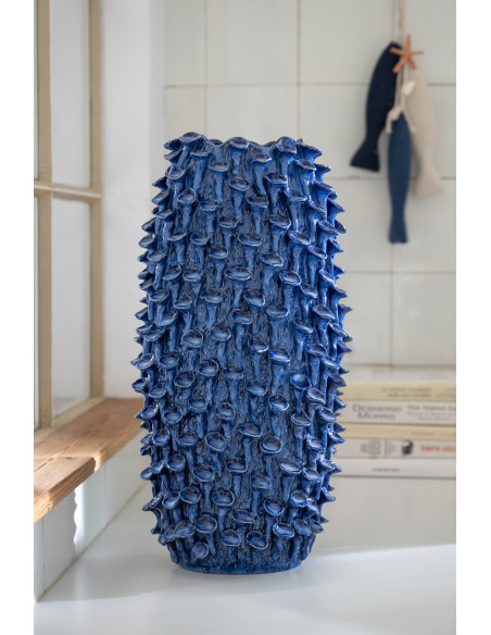 Vase Bord de mer Anémones Cylindrique H 48 cm Argile Bleu foncé Yari 