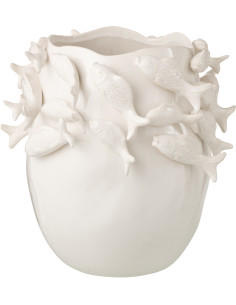 Vase design Bord de mer Poissons Organique H 37 cm Argile Blanc écru Thalassa 