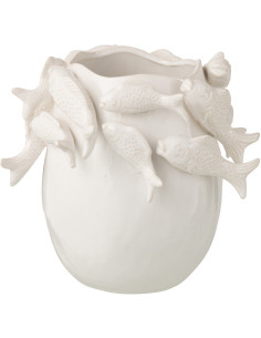 Vase design Bord de mer Poissons Organique H 27 cm Argile Blanc écru Thalassa 