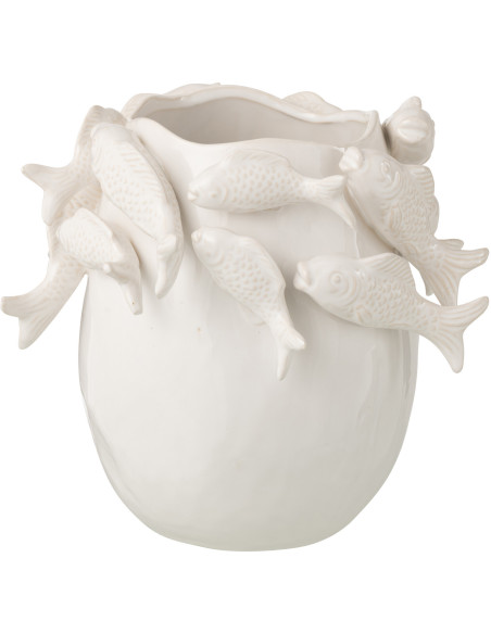 Vase design Bord de mer Poissons Organique H 27 cm Argile Blanc écru Thalassa 