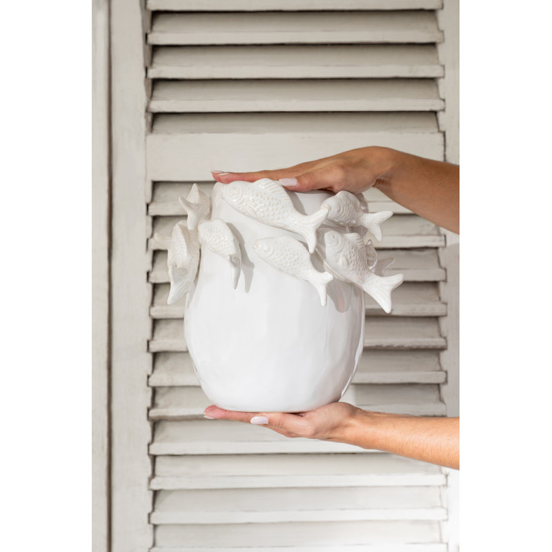 Vase design Bord de mer Poissons Organique H 27 cm Argile Blanc écru Thalassa 