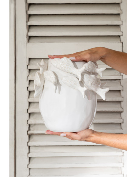 Vase design Bord de mer Poissons Organique H 27 cm Argile Blanc écru Thalassa 