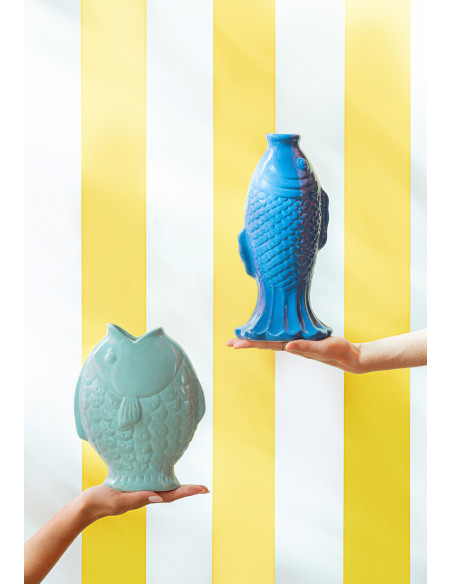 Vase design original Poisson H 28 cm Grès Bleu Laguna 