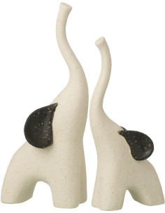 Lot de 2 Statuettes Éléphants design Grès Blanc crème Noir Nomadia 