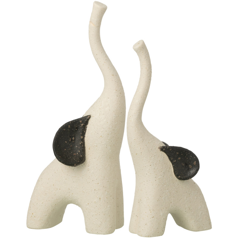 Lot de 2 Statuettes Éléphants design Grès Blanc crème Noir Nomadia 