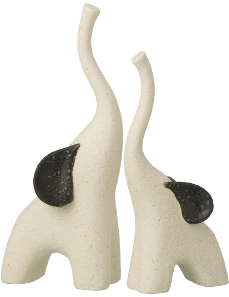 Lot de 2 Statuettes Éléphants design Grès Blanc crème Noir Nomadia 