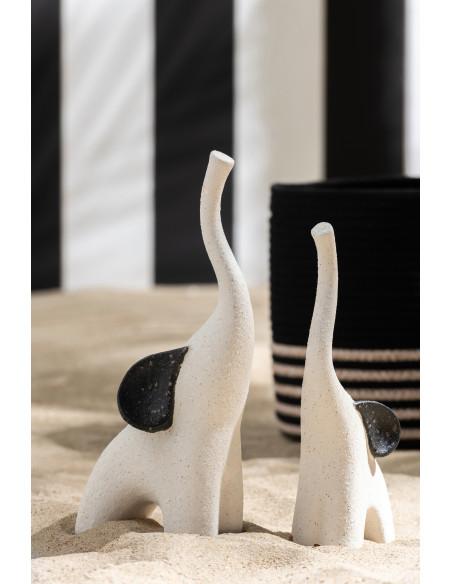 Lot de 2 Statuettes Éléphants design Grès Blanc crème Noir Nomadia 
