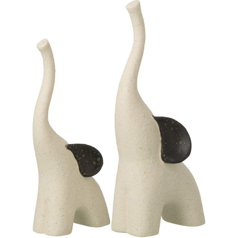 Lot de 2 Statuettes Éléphants design Grès Blanc crème Noir Nomadia 