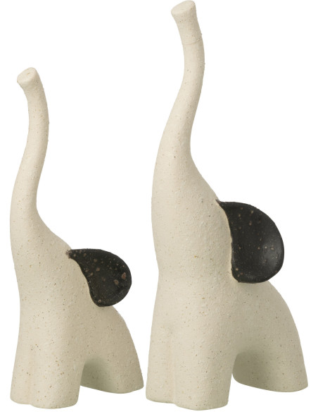 Lot de 2 Statuettes Éléphants design Grès Blanc crème Noir Nomadia 