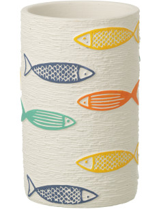Cache-pot extérieur bord de mer Cylindrique H 20 cm Ciment Blanc Motif poissons Multicolore Aqualo 