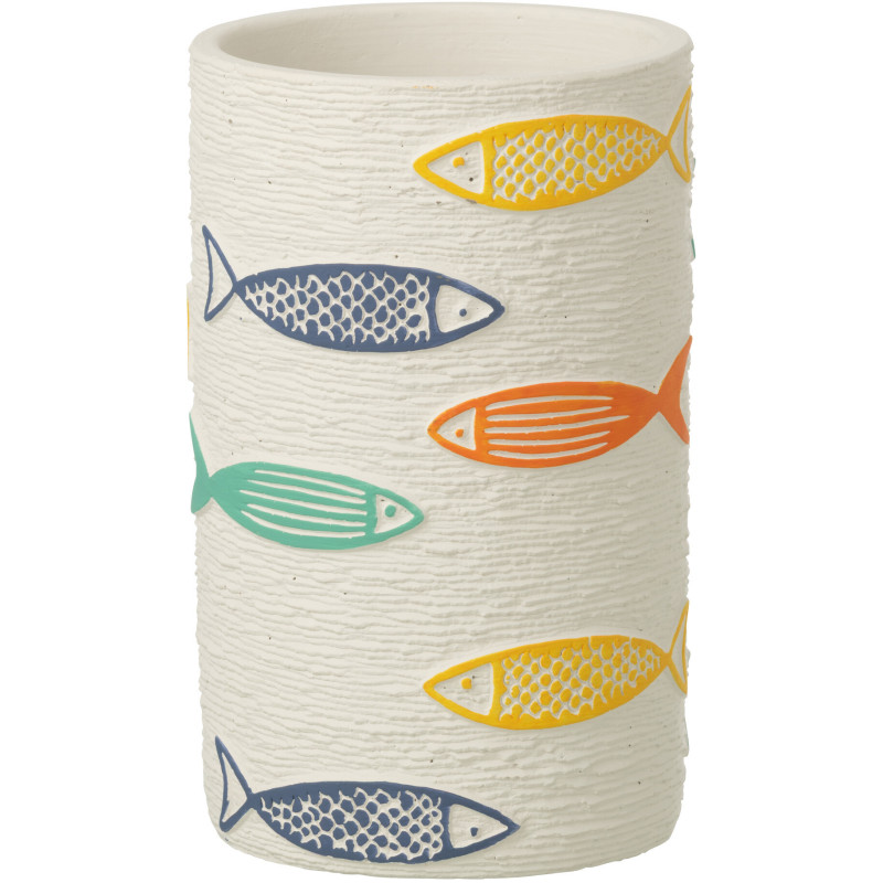 Cache-pot extérieur bord de mer Cylindrique H 20 cm Ciment Blanc Motif poissons Multicolore Aqualo 