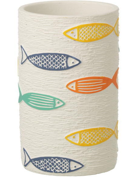Cache-pot extérieur bord de mer Cylindrique H 20 cm Ciment Blanc Motif poissons Multicolore Aqualo 