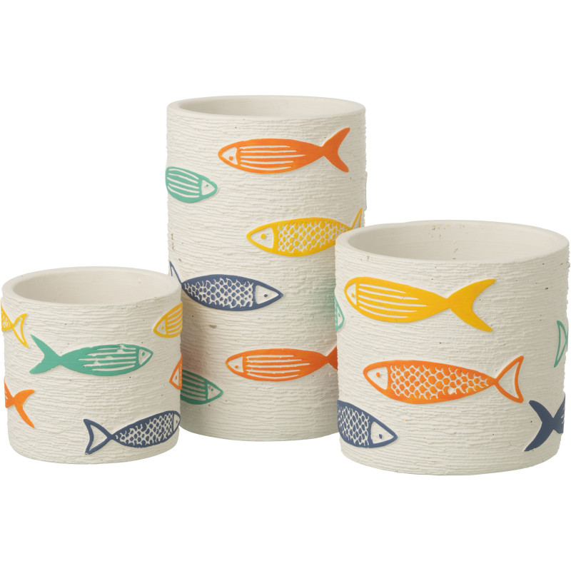 Cache-pot extérieur bord de mer Cylindrique H 20 cm Ciment Blanc Motif poissons Multicolore Aqualo 