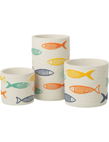 Cache-pot extérieur bord de mer Cylindrique H 20 cm Ciment Blanc Motif poissons Multicolore Aqualo 