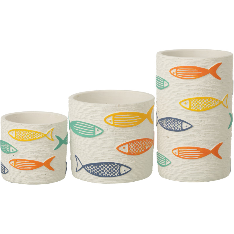 Cache-pot extérieur bord de mer Cylindrique H 20 cm Ciment Blanc Motif poissons Multicolore Aqualo 