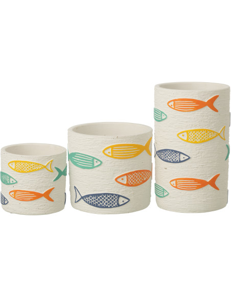 Cache-pot extérieur bord de mer Cylindrique H 20 cm Ciment Blanc Motif poissons Multicolore Aqualo 
