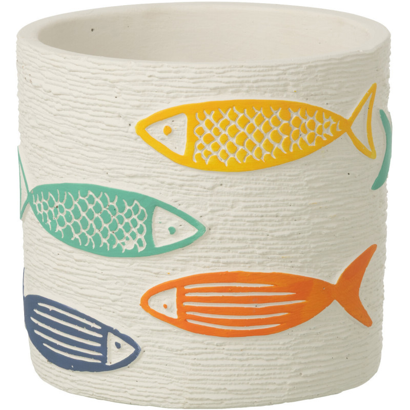 Cache-pot extérieur bord de mer Rond D 14 cm Ciment Blanc Motif poissons Multicolore Aqualo 