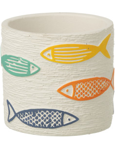 Cache-pot extérieur bord de mer Rond D 11 cm Ciment Blanc Motif poissons Multicolore Aqualo 