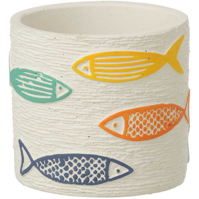 Cache-pot extérieur bord de mer Rond D 11 cm Ciment Blanc Motif poissons Multicolore Aqualo 
