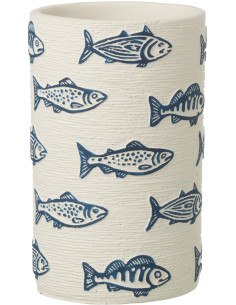 Cache-pot extérieur bord de mer Cylindrique H 20 cm Ciment Blanc Motif poissons Bleu Aqualo 