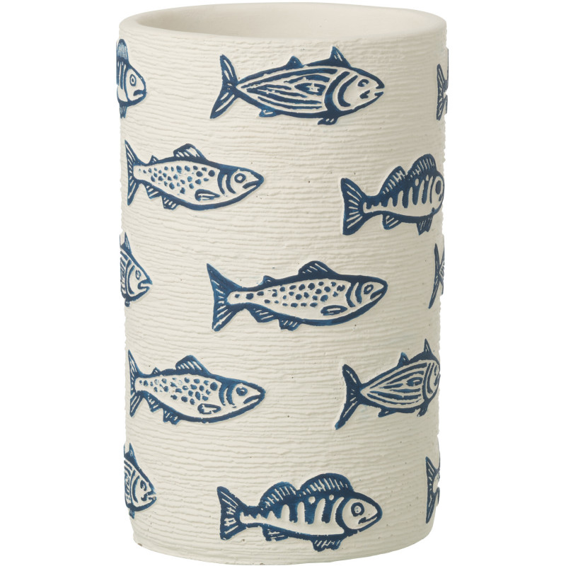 Cache-pot extérieur bord de mer Cylindrique H 20 cm Ciment Blanc Motif poissons Bleu Aqualo 