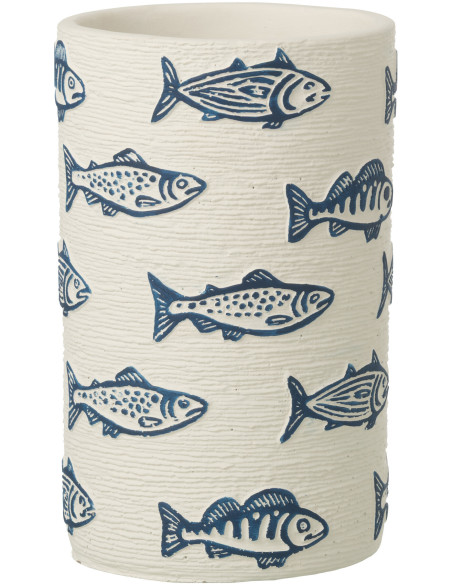Cache-pot extérieur bord de mer Cylindrique H 20 cm Ciment Blanc Motif poissons Bleu Aqualo 