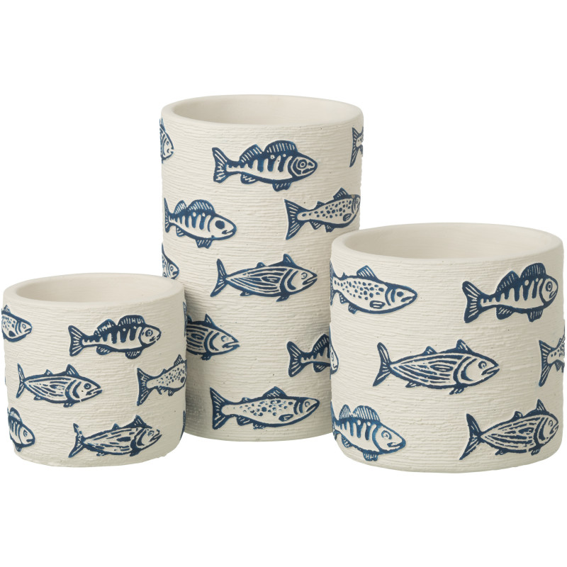 Cache-pot extérieur bord de mer Cylindrique H 20 cm Ciment Blanc Motif poissons Bleu Aqualo 