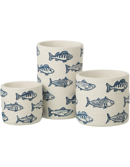 Cache-pot extérieur bord de mer Cylindrique H 20 cm Ciment Blanc Motif poissons Bleu Aqualo 