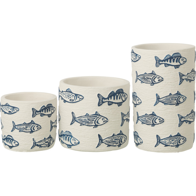 Cache-pot extérieur bord de mer Cylindrique H 20 cm Ciment Blanc Motif poissons Bleu Aqualo 