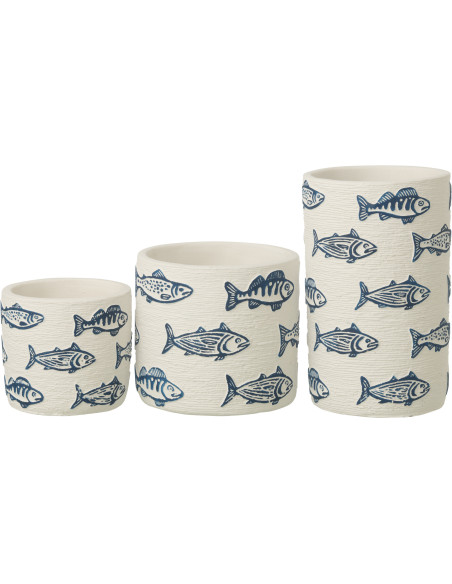 Cache-pot extérieur bord de mer Cylindrique H 20 cm Ciment Blanc Motif poissons Bleu Aqualo 