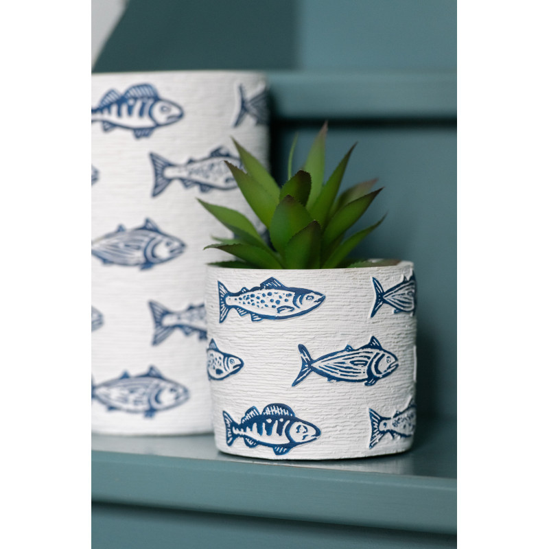 Cache-pot extérieur bord de mer Cylindrique H 20 cm Ciment Blanc Motif poissons Bleu Aqualo 